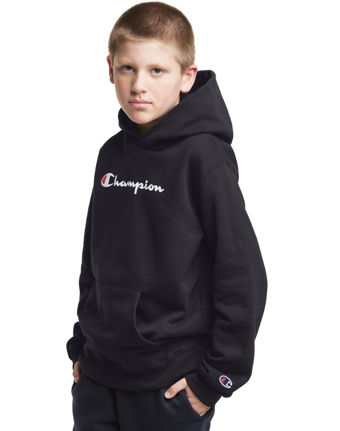 Champion Drenge Hættetrøje Sort - Pullover Script Logo - Danmark PGD-416830